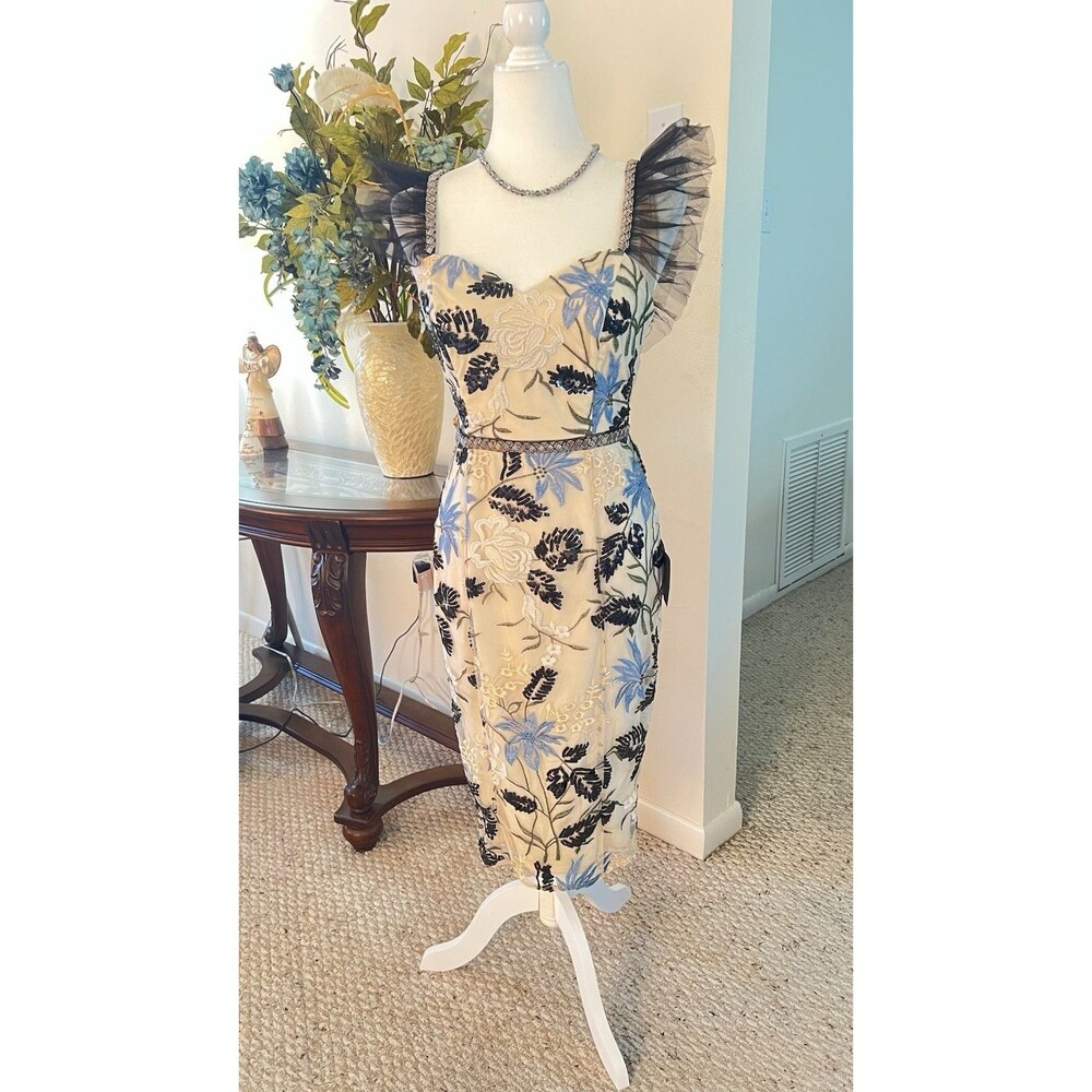 NWT Lulus Floral Embroidered Sequin Midi Dress Tulle Straps Beaded Waist Blue S
